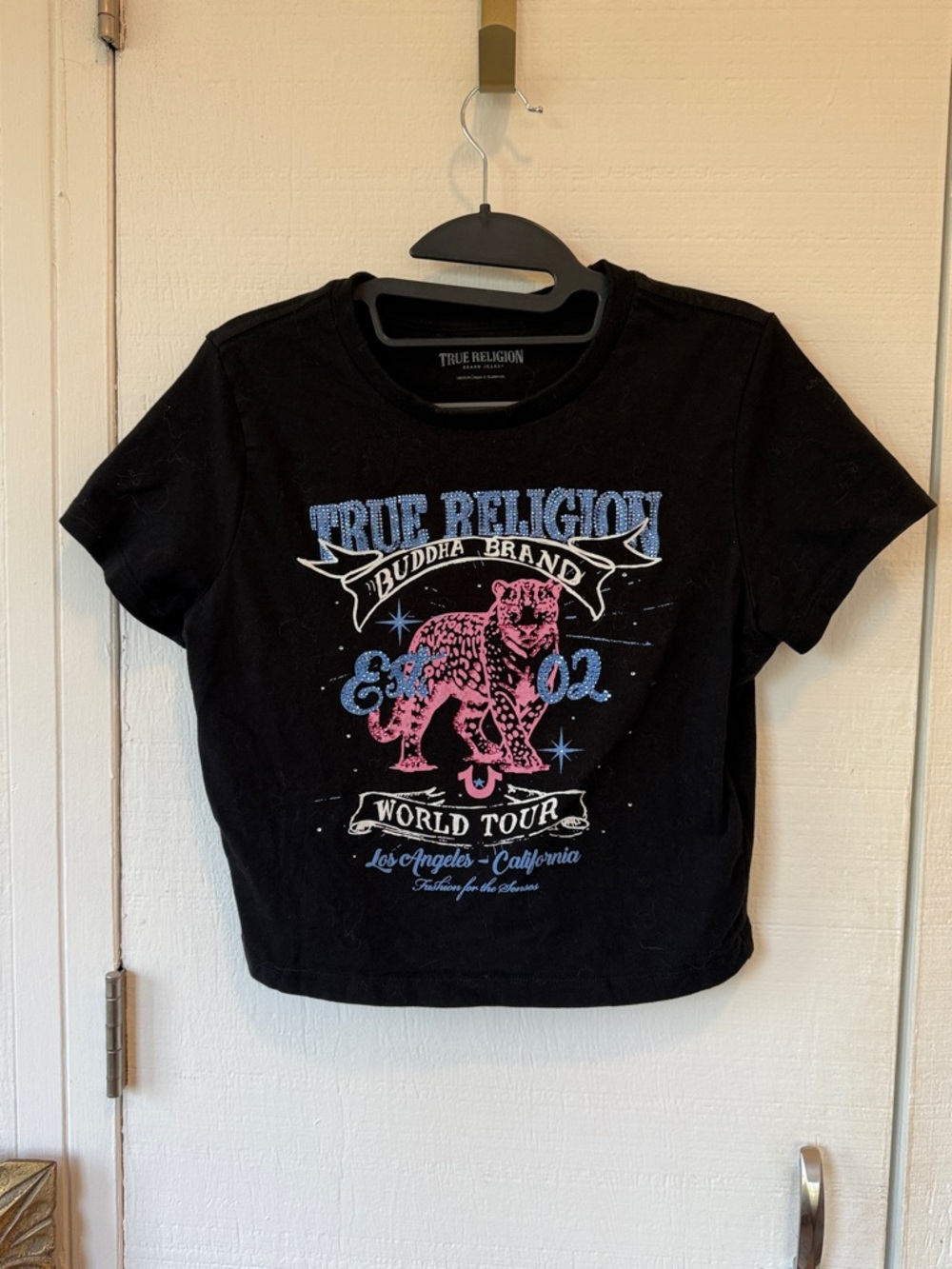 True Religion Black Tee with Pink Panther Graphic and Blue Accents
